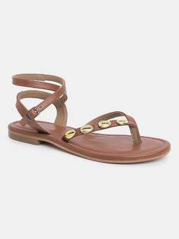 Tao Paris - Kaori Gold Shell-Charm Ankle-Strap Sandals Tan