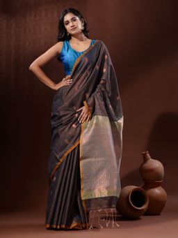 CHARUKRITI - Copper Tissue Handwoven Saree with Fish Motifs and Contrast Pallu with Unstitched Blouse