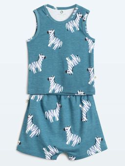 Cocoon Care - Blue Printed knitted Bamboo Cotton Vest and Shorts Set