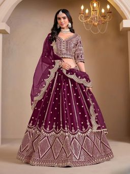 Odette - Wine Art Silk Embroidered Semi-Stitched lehenga with Unstitched Blouse & Dupatta (Set of 3)