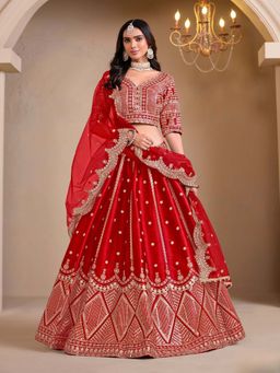 Odette - Red Art Silk Embroidered Semi-Stitched lehenga with Unstitched Blouse & Dupatta (Set of 3)