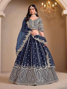 Odette - Navy Blue Embroidered Semi-Stitched lehenga with Unstitched Blouse & Dupatta (Set of 3)