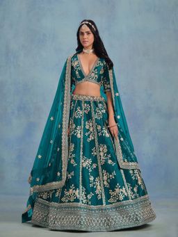 Odette - Teal Art Silk Embroidered Semi-Stitched lehenga with Unstitched Blouse & Dupatta (Set of 3)