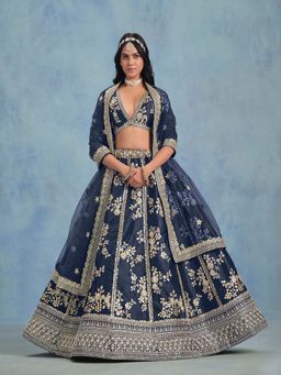Odette - Navy Blue Embroidered Semi-Stitched lehenga with Unstitched Blouse & Dupatta (Set of 3)