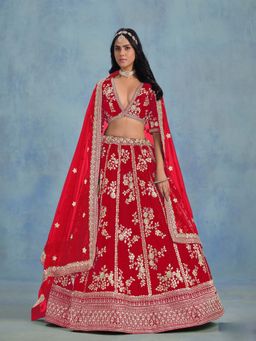 Odette - Red Art Silk Embroidered Semi-Stitched lehenga with Unstitched Blouse & Dupatta (Set of 3)