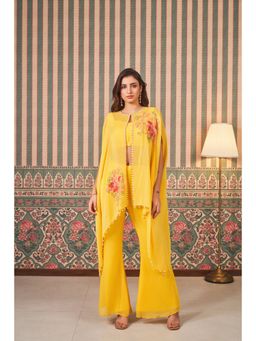SAMMOHI BY MOKSHA & HIRAL - Yellow Hand Embroidery Cape with Blouse and Flared Pant (Set of 3)