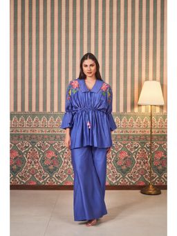 SAMMOHI BY MOKSHA & HIRAL - Blue Floral Peplum Top with Inner and Palazzo (Set of 3)