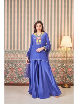 SAMMOHI BY MOKSHA & HIRAL - Blue Embroidery Kurta with Sharara and Dupatta (Set of 3)