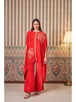 SAMMOHI BY MOKSHA & HIRAL - Red Elegant Hand Appliqued Flowers Cape Top with Pant (Set of 2)