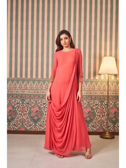 SAMMOHI BY MOKSHA & HIRAL - Draped Gown In Coral with Hand Embellishments On Shoulder