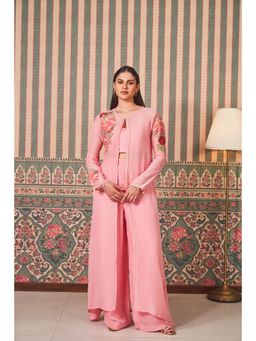SAMMOHI BY MOKSHA & HIRAL - Pink Hand Embellishments Bralette with Jacket and Palazzo (Set of 3)