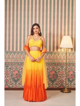 SAMMOHI BY MOKSHA & HIRAL - Yellow Gathered Lehenga with Blouse and Dupatta (Set of 3)