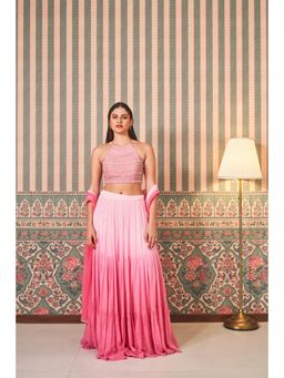 SAMMOHI BY MOKSHA & HIRAL - Pink Shaded Lehenga with Halter Neck Blouse and Dupatta (Set of 3)