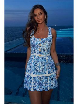 Loveable Creations By Muskan - Amalfi Blue Printed Swimsuit with Skirt