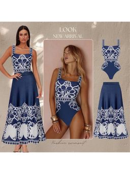 Loveable Creations By Muskan - Oceanica Indigo Printed Swimsuit with Skirt