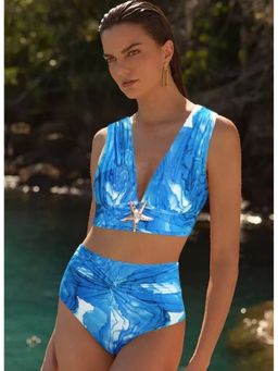 Loveable Creations By Muskan - Sea Siren Blue Abstract Bikini Top with Bikini Bottom and Skirt