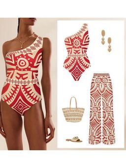 Loveable Creations By Muskan - Jess Red Geometric Swimsuit with Pant