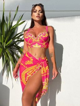 Loveable Creations By Muskan - Liona Pink Printed Bikini Top with Bikini Bottom and Sarong