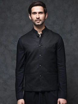 Rare Rabbit - Mens Black Poly Viscose Elastane Sleeveless Mandarin Collar Nehru Jacket