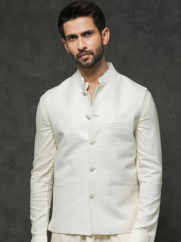 Rare Rabbit - Mens Off White Poly Viscose Elastane Sleeveless Mandarin Collar Nehru Jacket