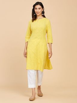 Fabindia - Yellow Cotton Chikankari Slim Fit Knee Length Kurta