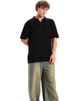 Bonkers Corner - Black Knit Double Textured Polo T-Shirt