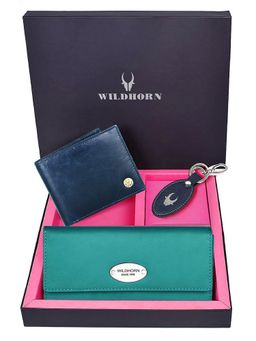 WILDHORN - Premium Leather Ladies Wallet, Mens Wallet and Keychain Gift -1K_TE_2052BLC_K (Set of 3)