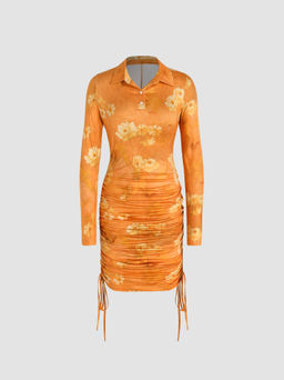 Cider - Floral Painting Drawstring Long Sleeve Maxi Dress