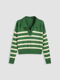 Cider - Striped Collar Knit Polo Top