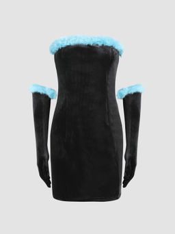 Cider - Faux Fur Trim Strapless Velvet Mini Dress With Gloves