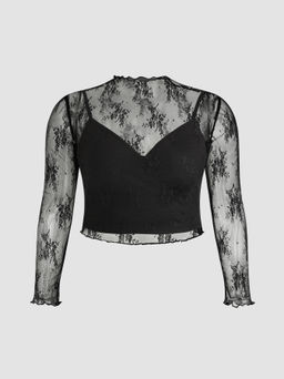 Cider - High Neck Lace Floral Blouse & Solid Crop Cami Top Set Curve & Plus