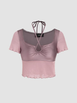 Cider - Mesh Halter Lettuce Trim Crop Top