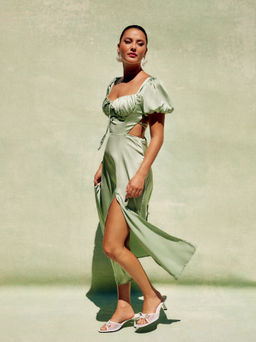 Cider - Satin Knotted Puff Sleeve Split Midi Dress