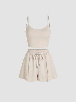 Cider - U-neckline Crop Cami Top & Drawstring Wide Leg Shorts Set