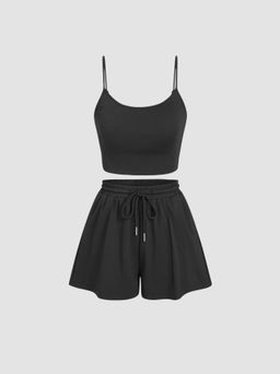 Cider - U-neckline Crop Cami Top & Drawstring Wide Leg Shorts Set
