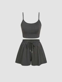 Cider - U-neckline Crop Cami Top & Drawstring Wide Leg Shorts Set
