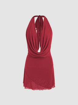 Cider - Mesh Halter Knotted Cowl Neck Mini Dress