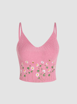 Cider - Knit Floral Scoop Neckline Crop Tank Top