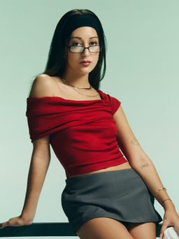 Cider - Ruched Off-shoulder Short Sleeve Crop Top