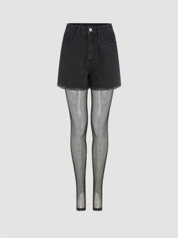 Cider - High Stretch Denim Mid Waist Mini Shorts With Fishnet Tights