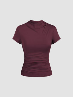 Cider - High Neck Ruched Short Sleeve Tee