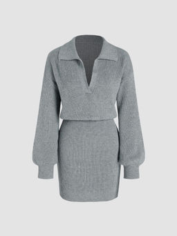 Cider - Solid Knit Polo Mini Dress
