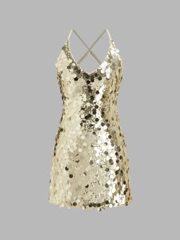 Cider - Sequins U-neckline Criss Cross Mini Dress