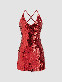 Cider - Sequins U-neckline Criss Cross Mini Dress