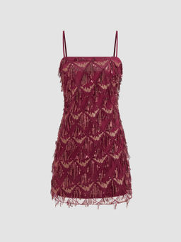 Cider - Sequins Square Neck Geometric Tassel Mini Dress