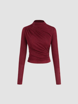 Cider - Stand Collar Ruched Long Sleeve Tee