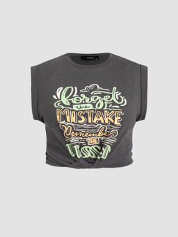 Cider - Round Neckline Graphic Knotted Crop Top Curve & Plus