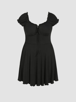 Cider - Ruffle Puff Sleeve Knotted Mini Dress Curve & Plus