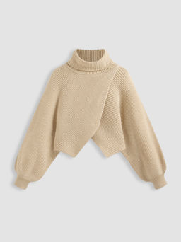 Cider - High Neck Solid Knitted Long Sleeve Crop Sweater