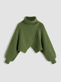 Cider - High Neck Solid Knitted Long Sleeve Crop Sweater